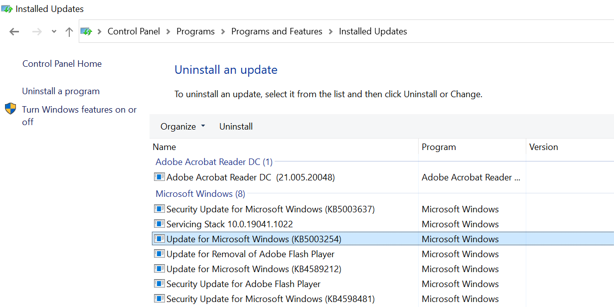 Uninstall Windows 10 updates