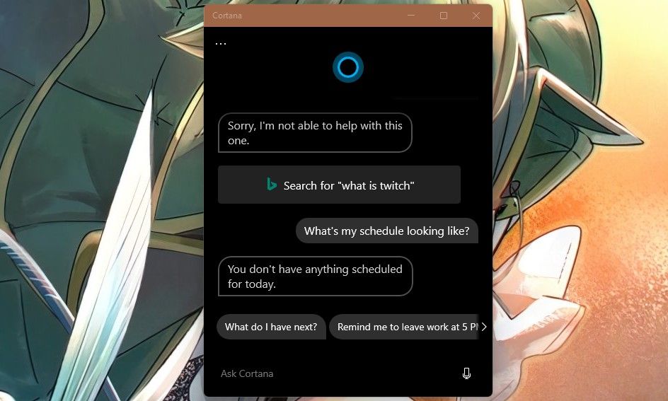 Cortana Menu in Windows 11 