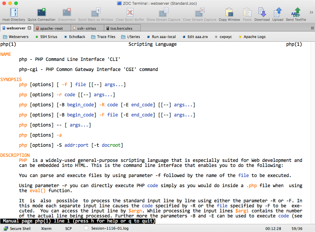 ZOC Terminal main window on Mac with color-coded tabs visible