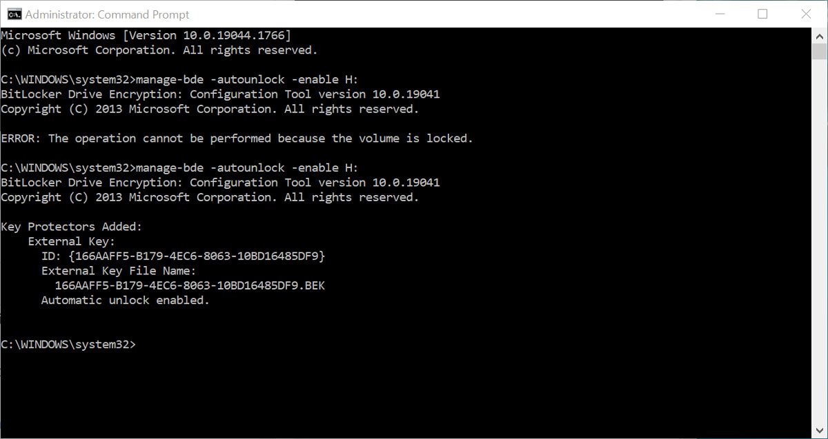 The bitlocker auto-unlock command in command prompt