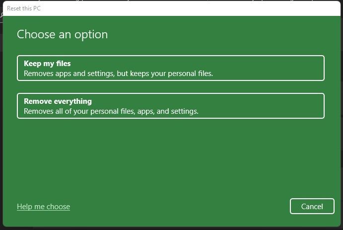 Resetting options on Windows 11 