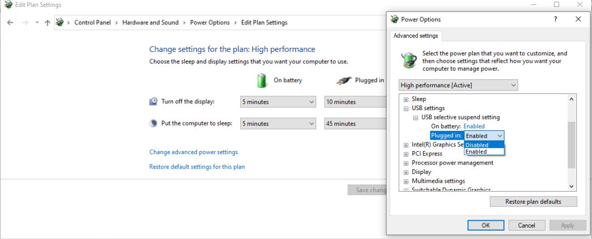 USB settings in Control Panel