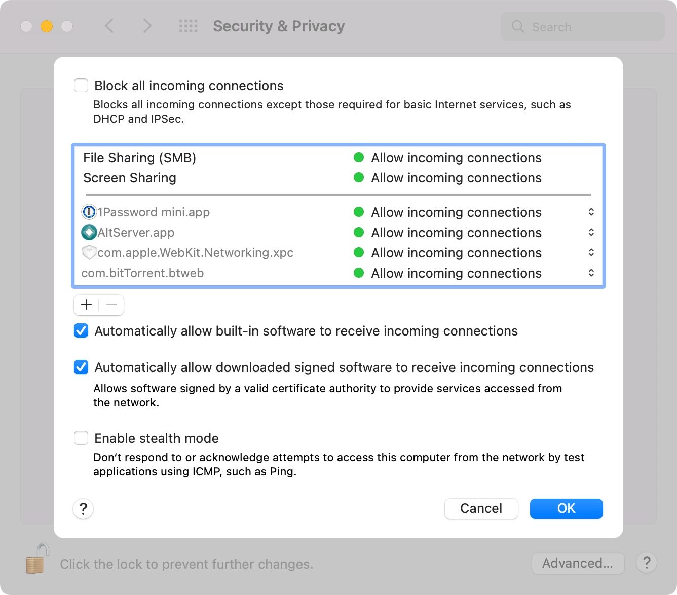 Advanced Mac firewall settings in macOS Monterey recommended for AirPlay