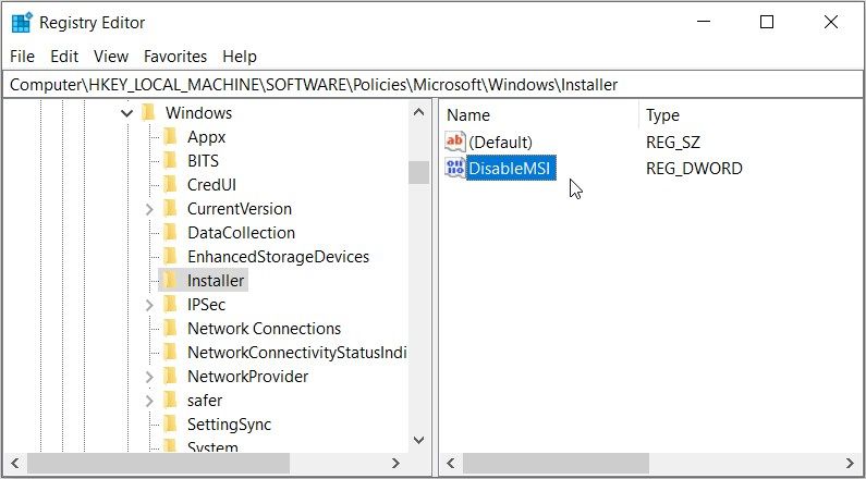 Clicking the DisableMSI value on the Registry Editor