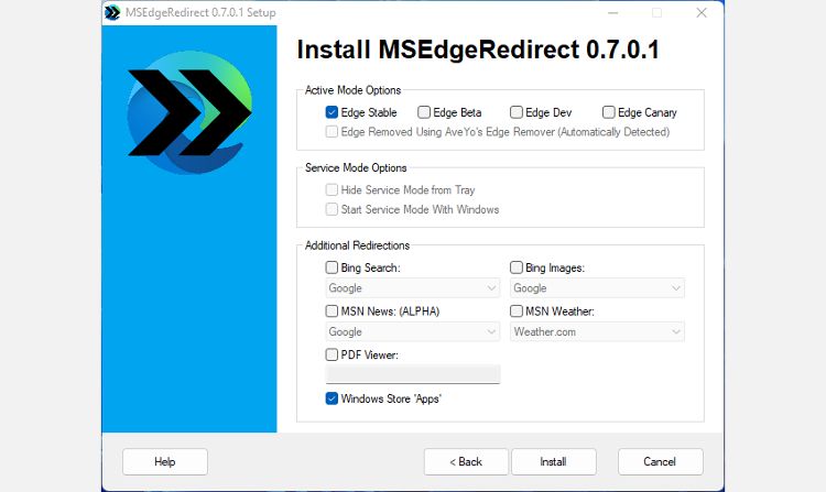 Browser options in MSEdgeRedirect app