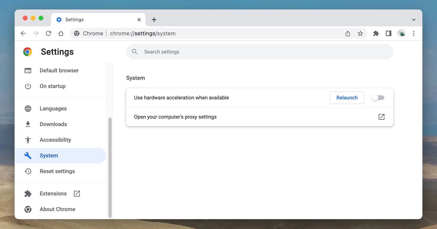System settings in Chrome for macOS.