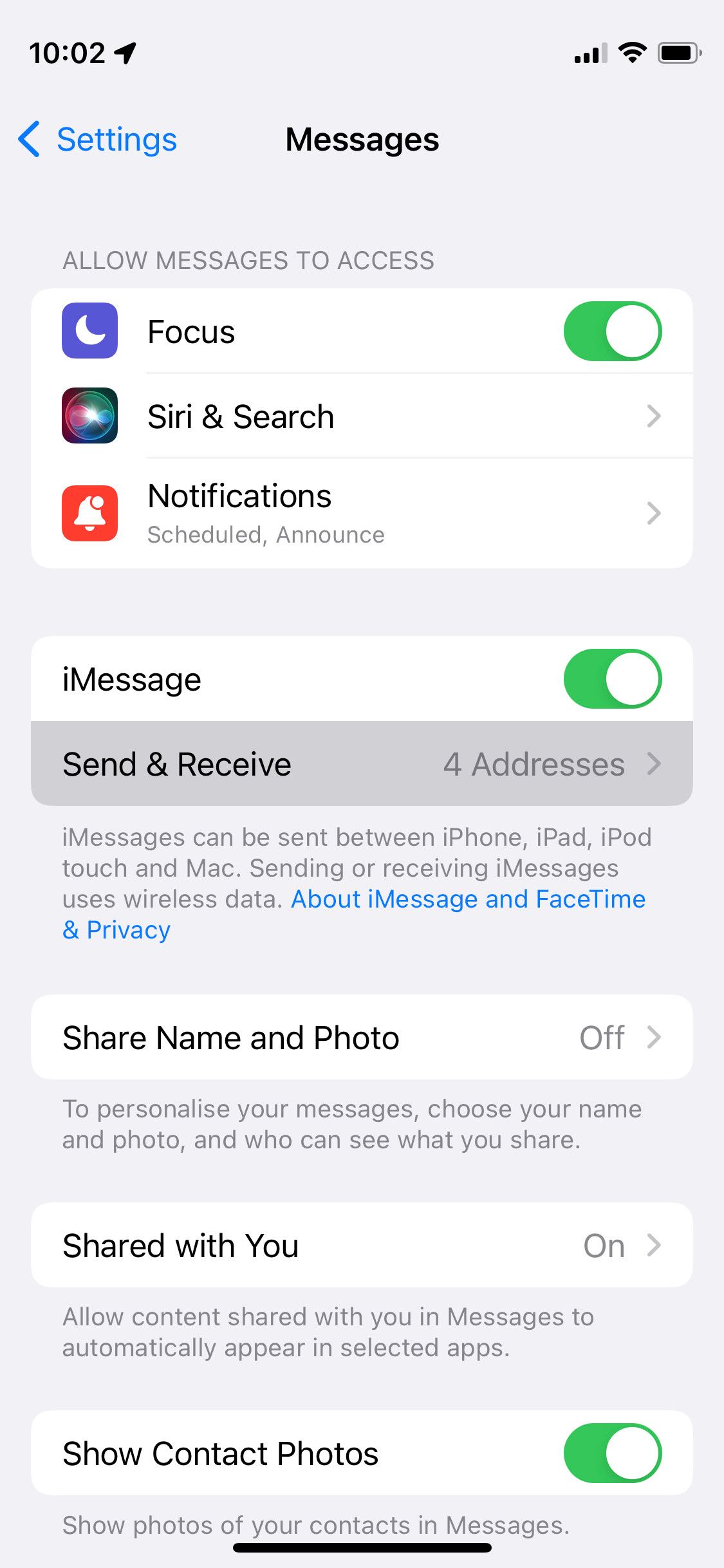 Messages settings on iPhone