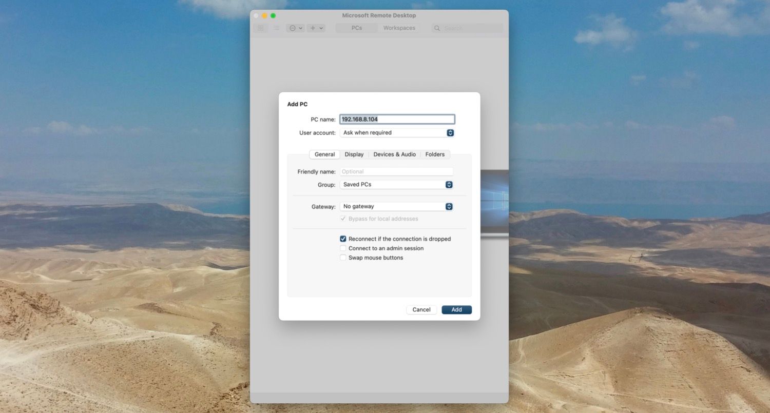 Add PC dialog in Microsoft Remote Desktop app.