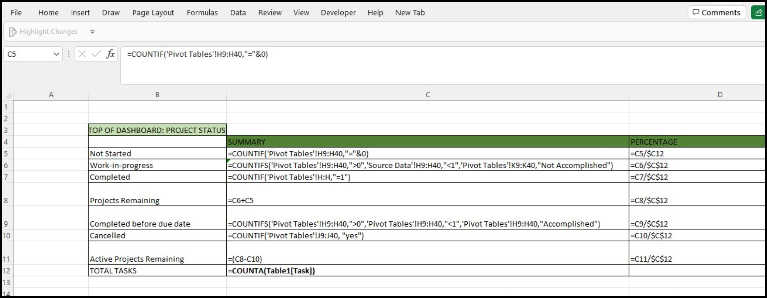 Calculating the count of projects using the COUNTIFs function