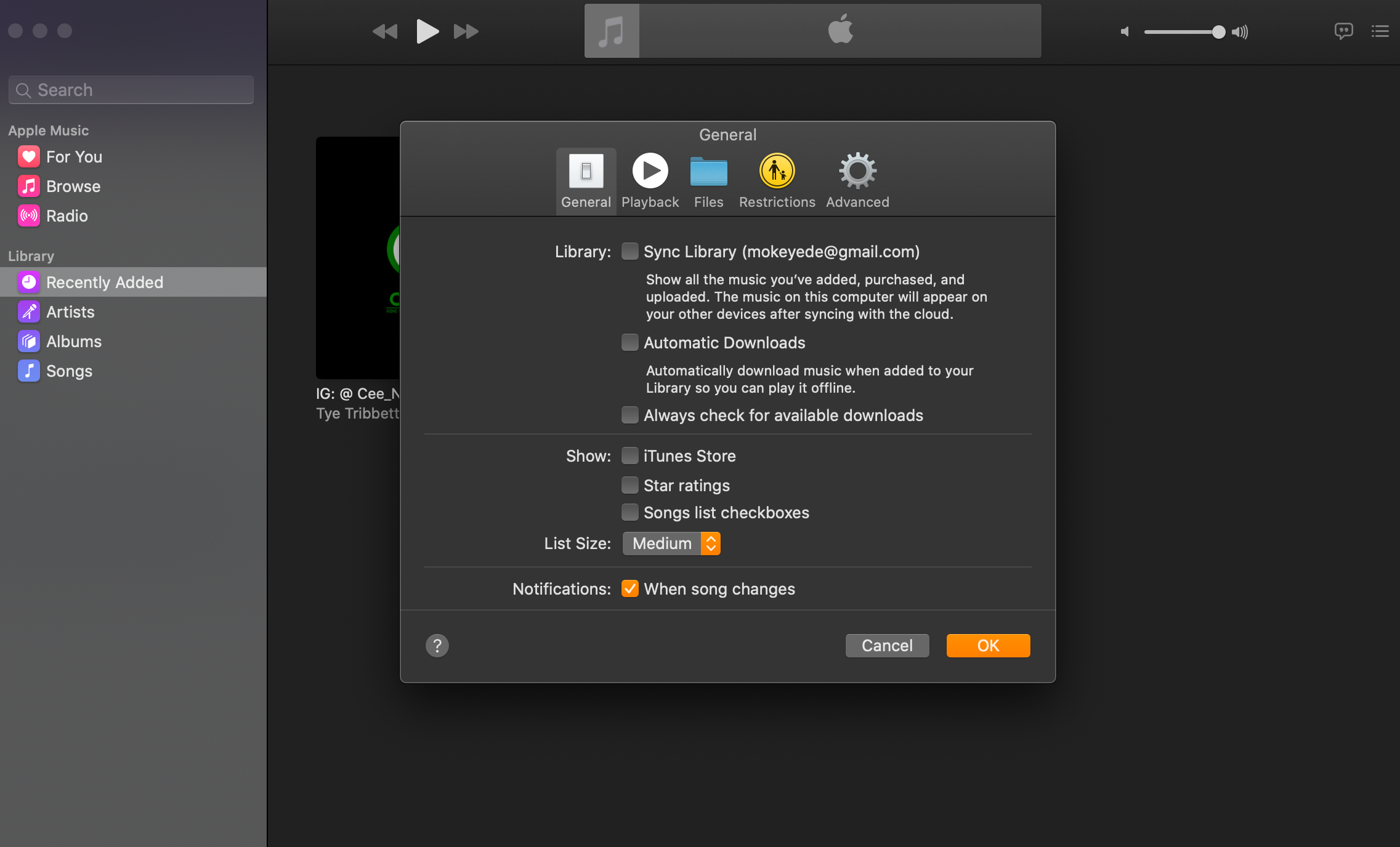 Apple Music General Settings on a Mac