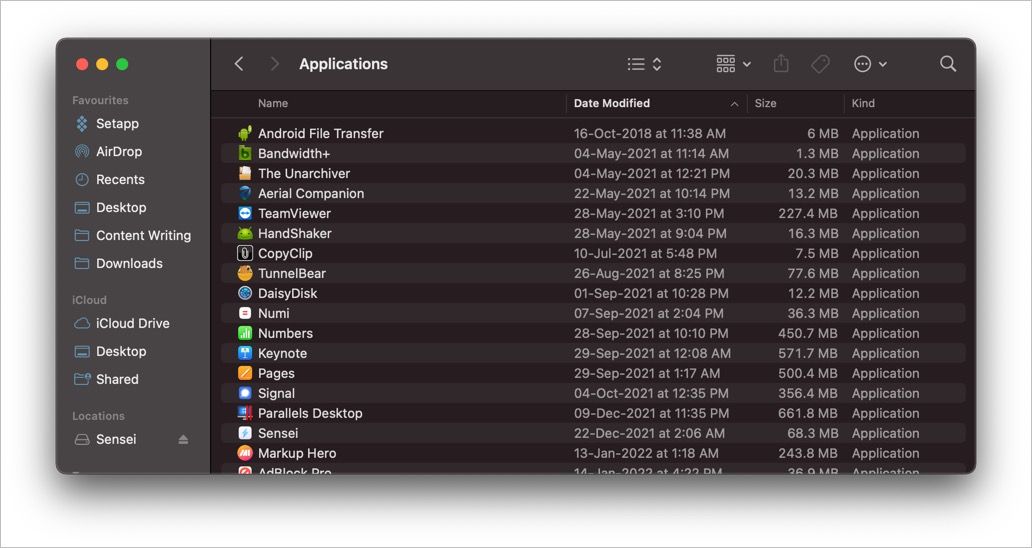 Applications folder on a Mac