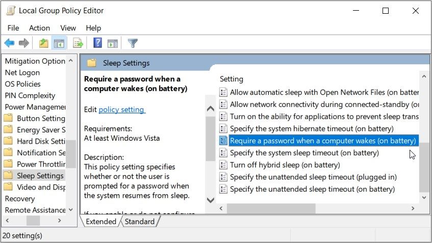Clicking the “Require a password when a computer wakes (on battery)” option in the LGPE