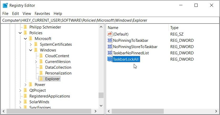 Clicking the “TaskbarLockAll” value in the Registry Editor