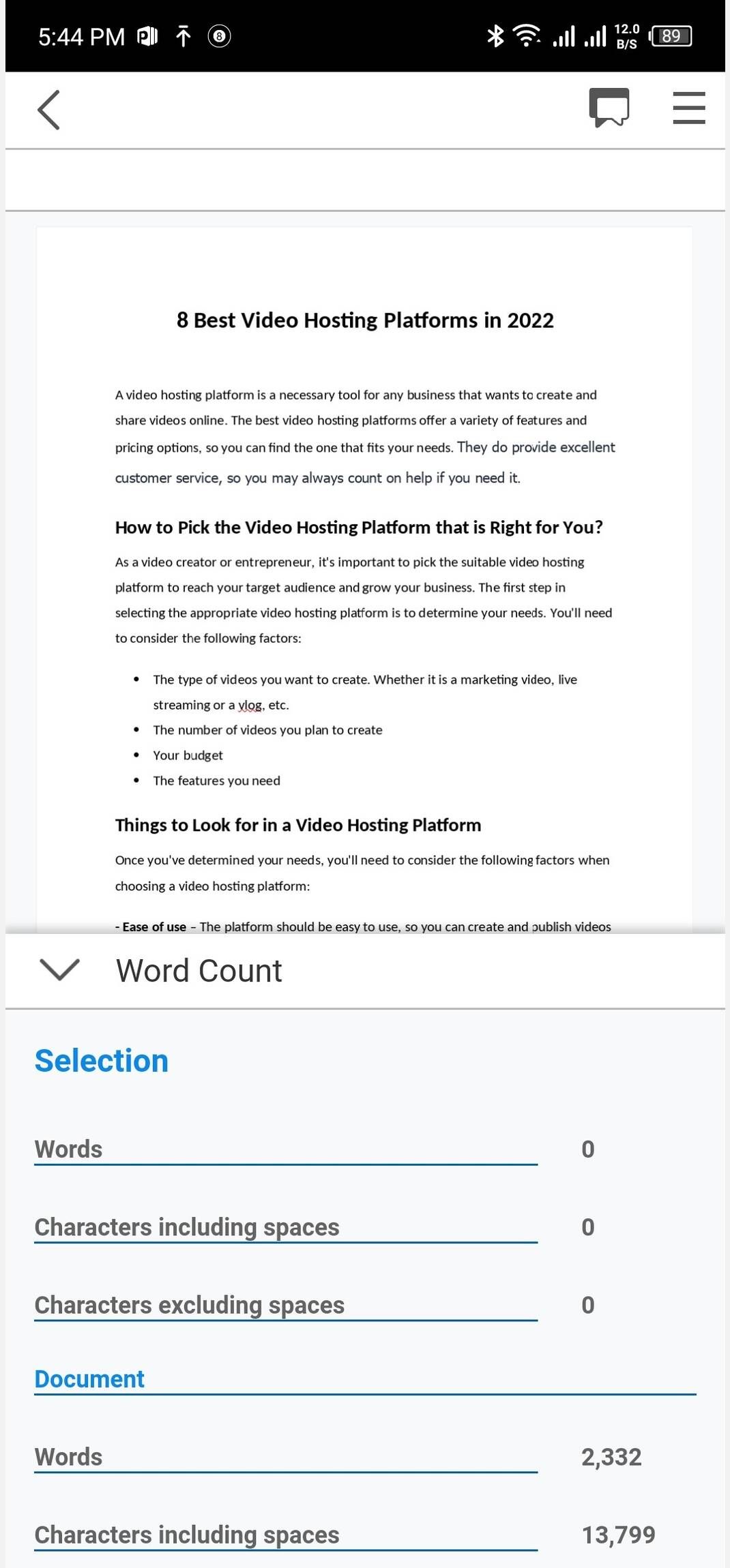 Collabora office doc file showing word count