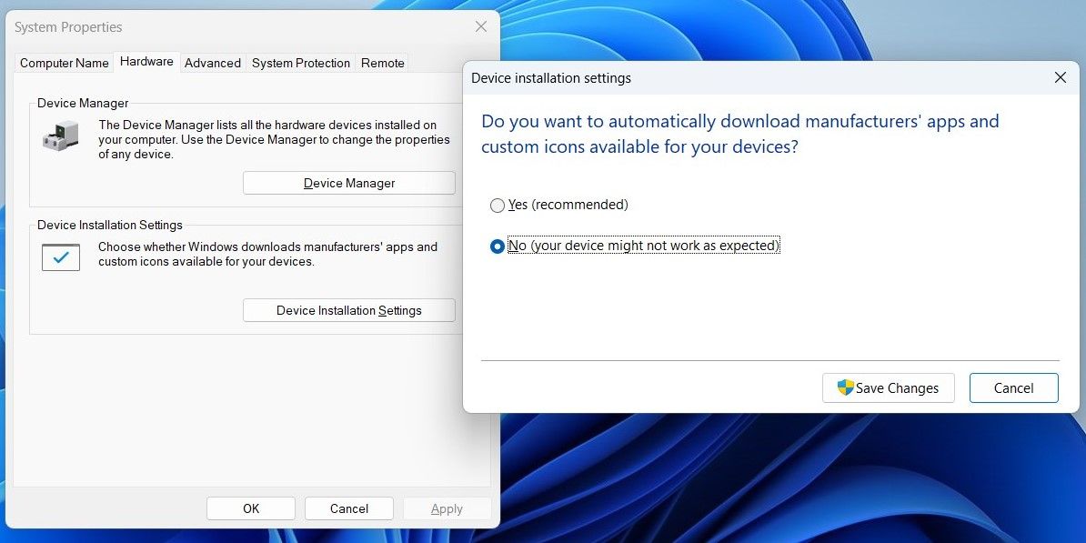 Device Installation Settings on Windows