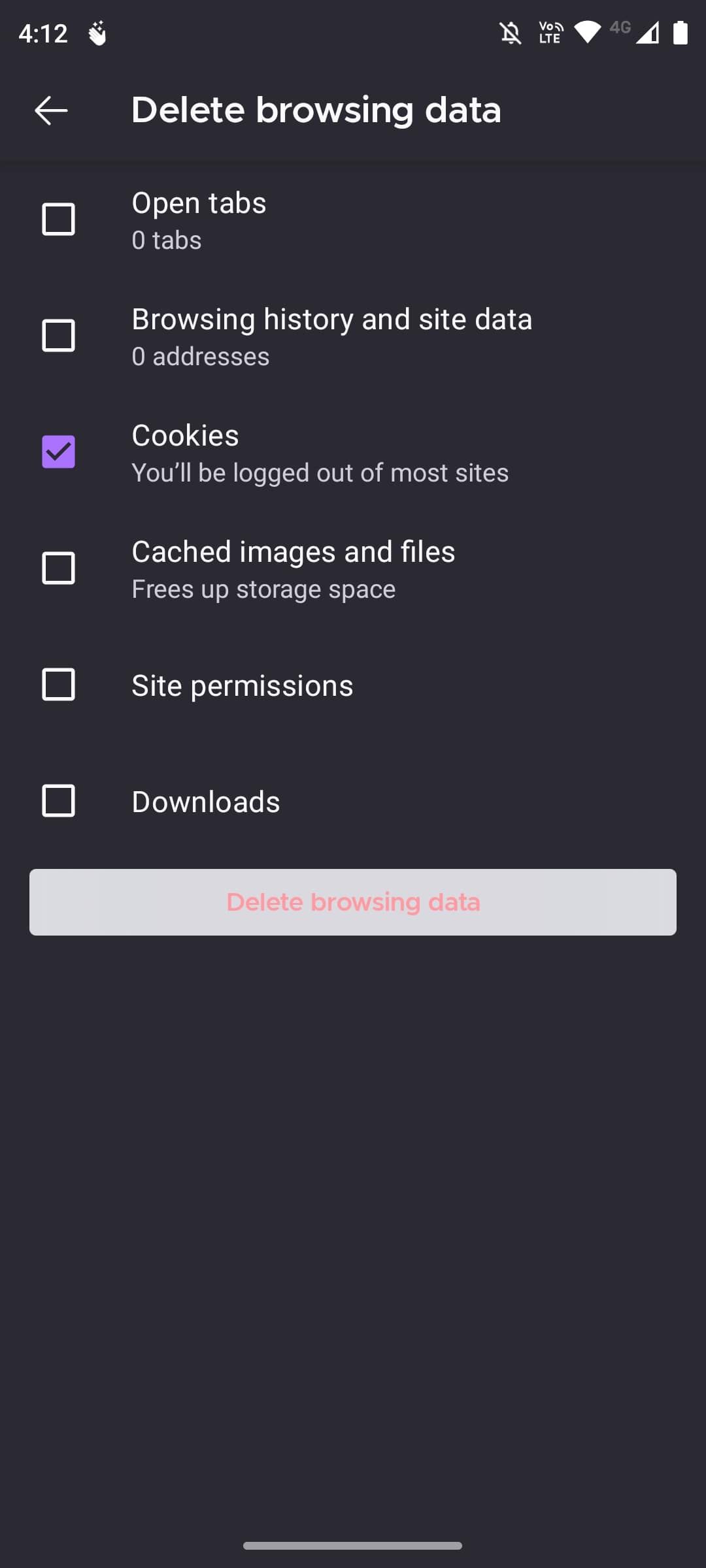 Options to delete browsing data in Firefox browser