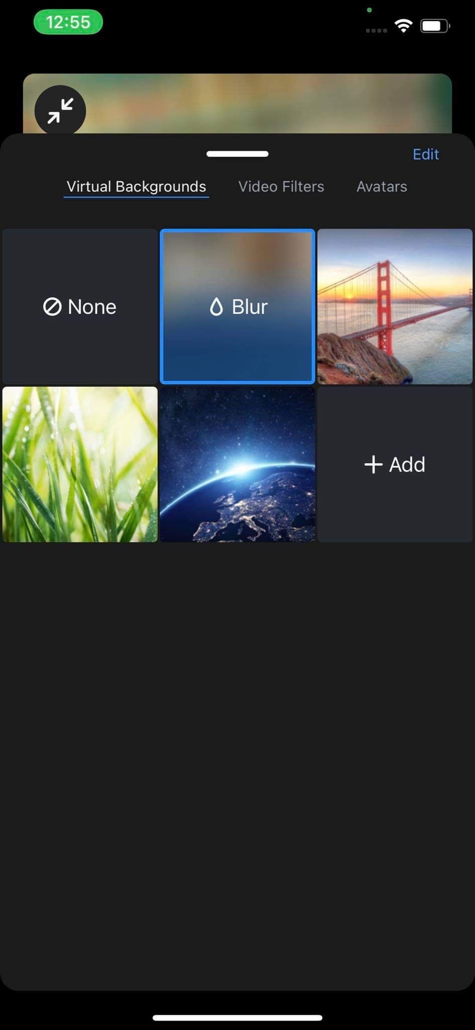 Selecting Blur Effect From Virtual Backgrounds Tab in Zoom App for iOS