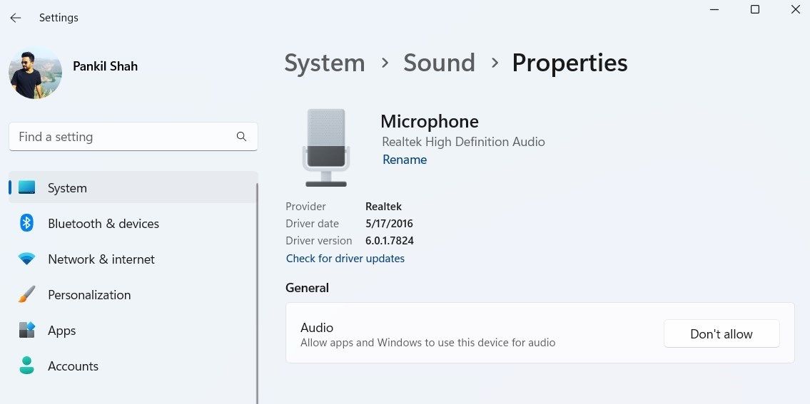 Microphone Properties in the Settings App