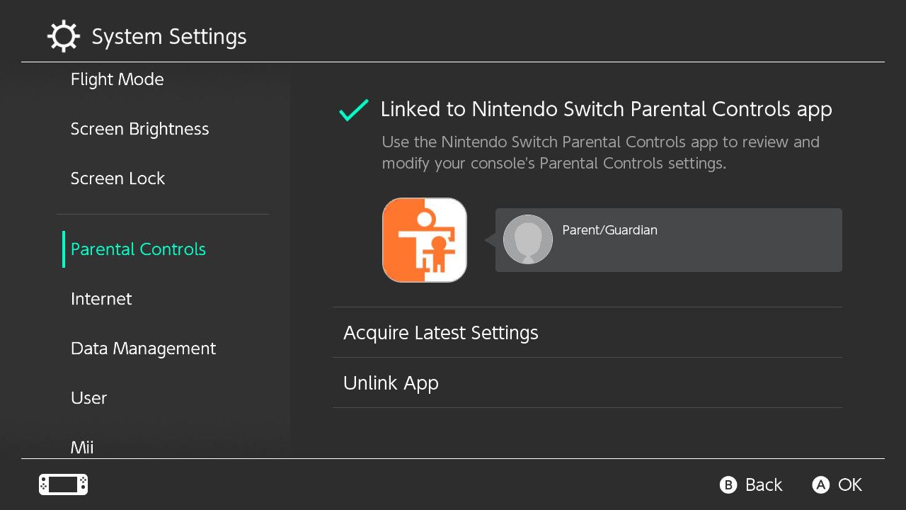 Nintendo Switch Unlink Parental Controls app option