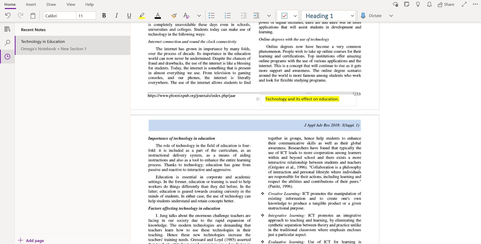 Highlighting a note in OneNote