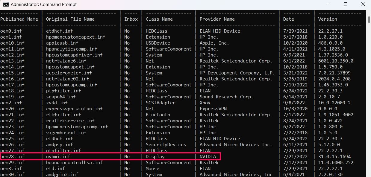 Published name of driver