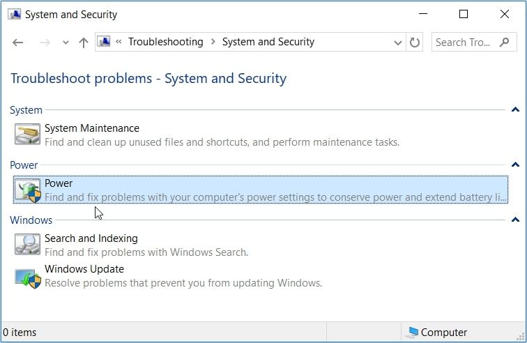 Running the Power Troubleshooter via the Control Panel