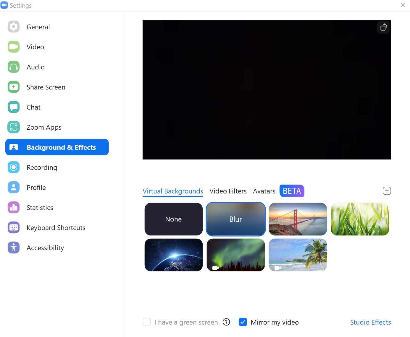 Select Blur Virtual Background in Background & Effects tab in Zoom Settings