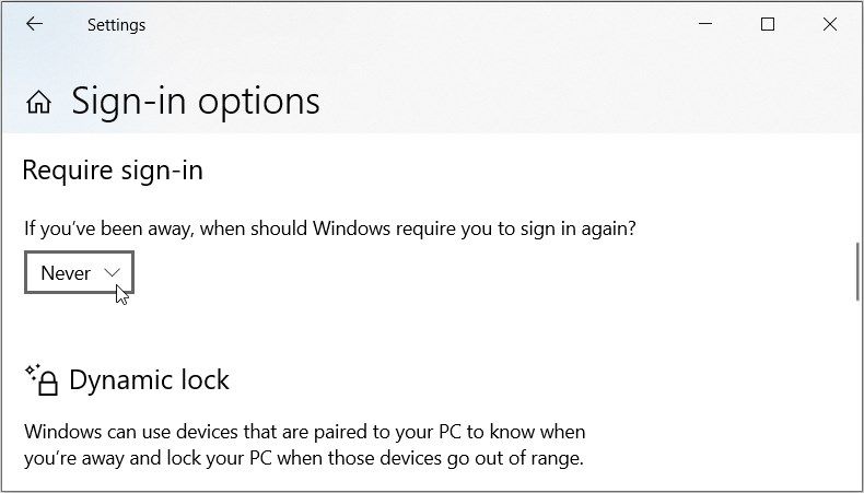 Selecting “Never” from the Require sign-in drop-down menu