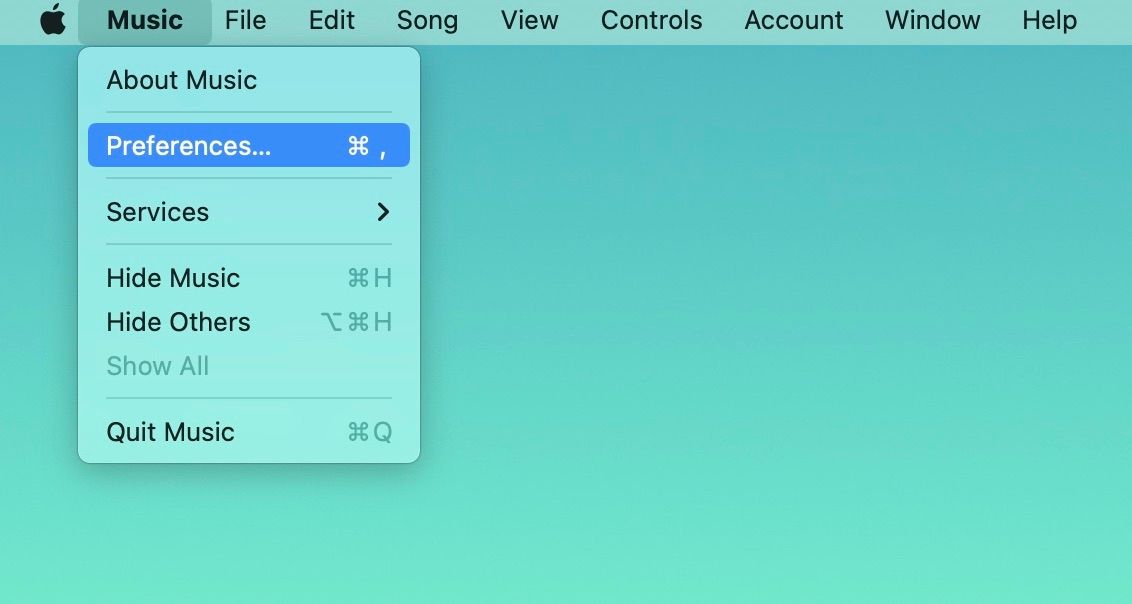 Selecting Preferences from the Music menu on Mac