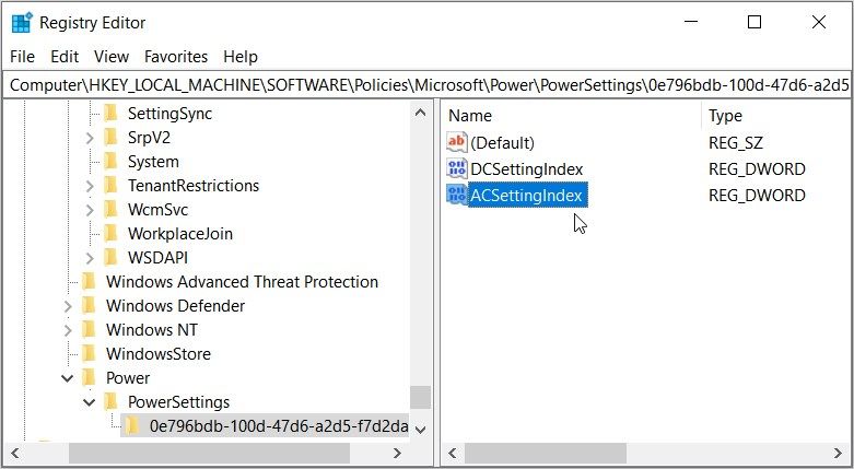 Selecting the “ACSettingIndex” value in the Registry Editor