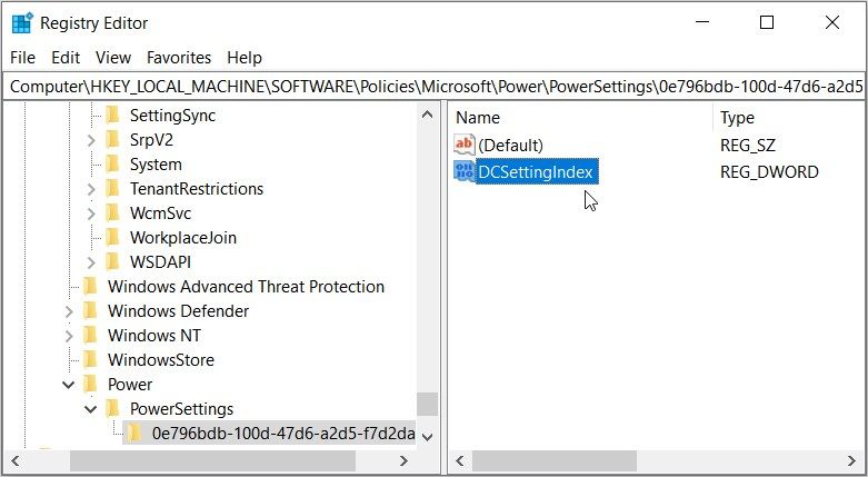 Selecting the “DCSettingIndex” value in the Registry Editor