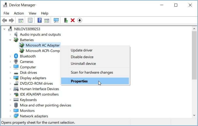 Selecting the Properties option on the battery driver