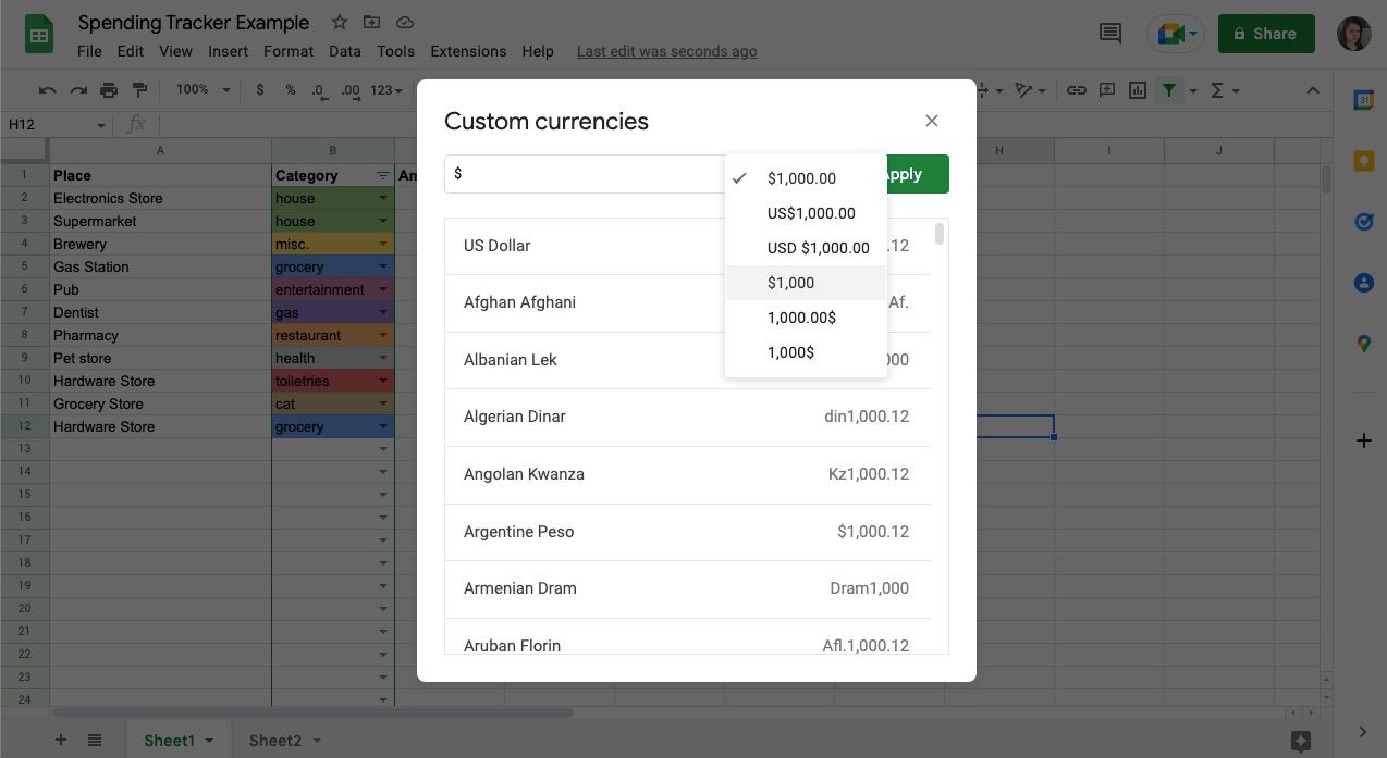 Currency options in spreadsheet software