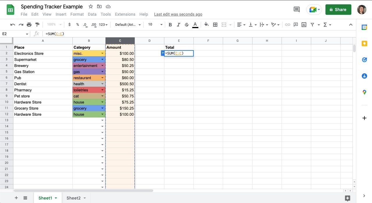 Spreadsheet software sum function to add column total