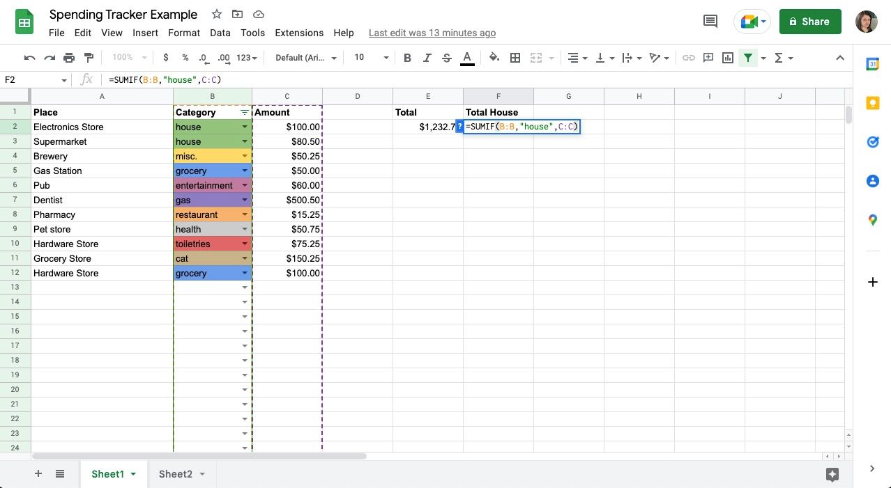 Spreadsheet function that adds totals conditionally