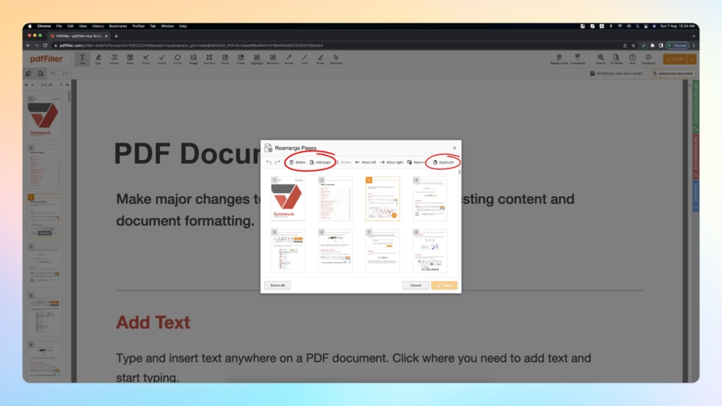 Steps on adding or deleting pages on Mac using pdfFiller