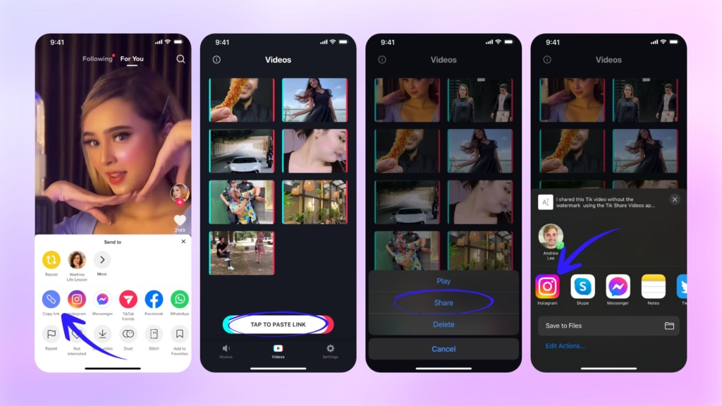 Steps on how to repost a TikTok video on Instagram with Repost Tik Share Videos