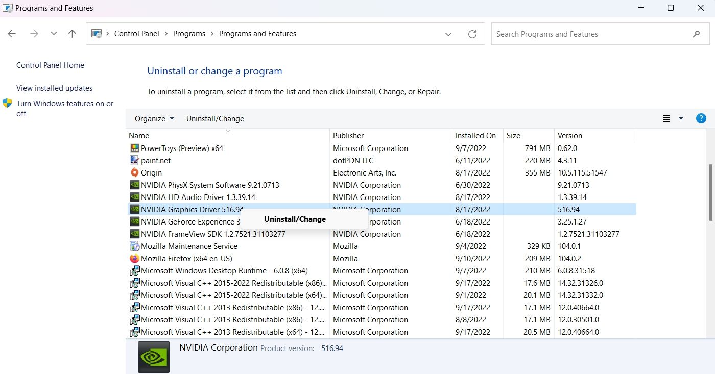 Uninstall option in the Control Panel