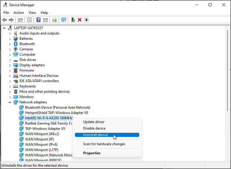 device manager uninstall device wifi adapter