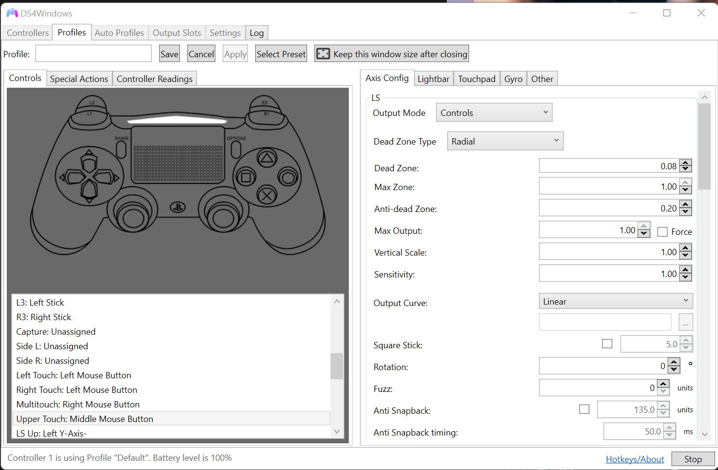 The profile configuration view of DS4Windows complete with input mapping and settings