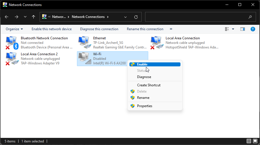 enable network adapter control panel