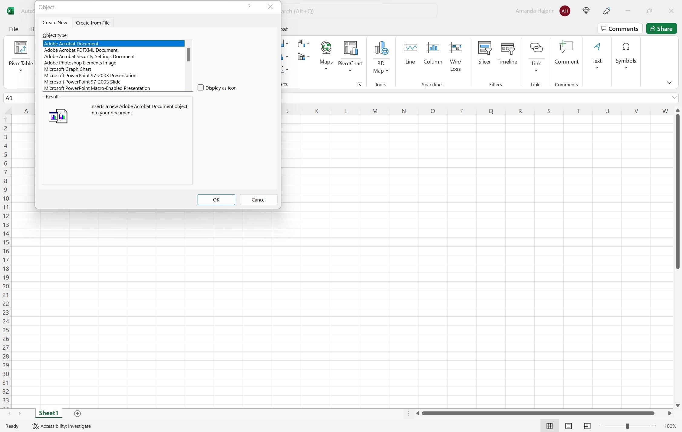 The Create New PDF option in Excel