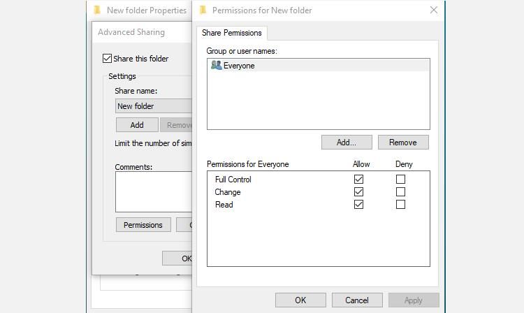 Changing folder sharing access in Windows