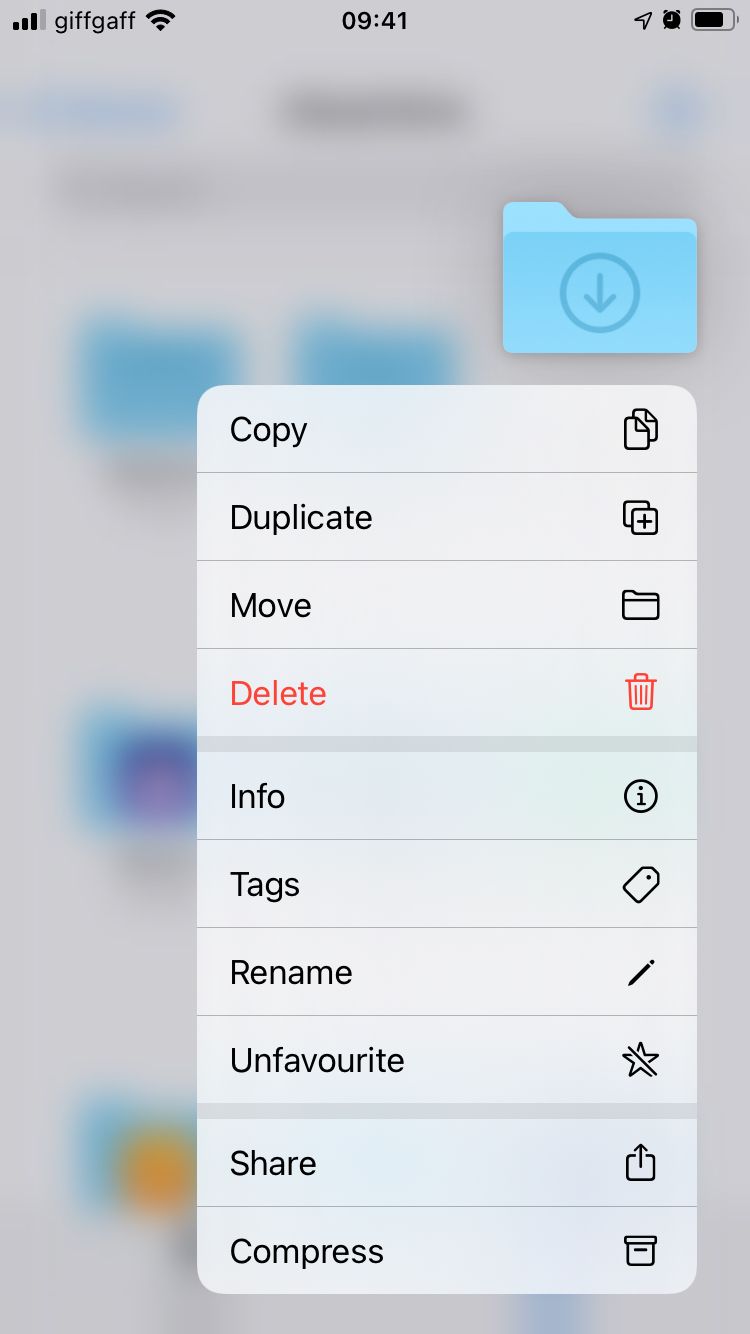 iCloud Drive quick action menu in Files app on iPhone