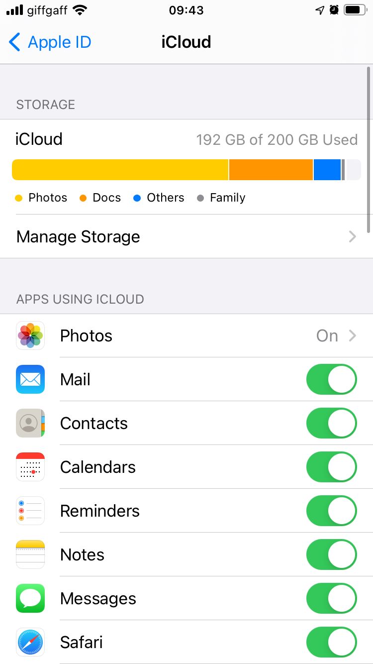 iCloud settings on iPhone