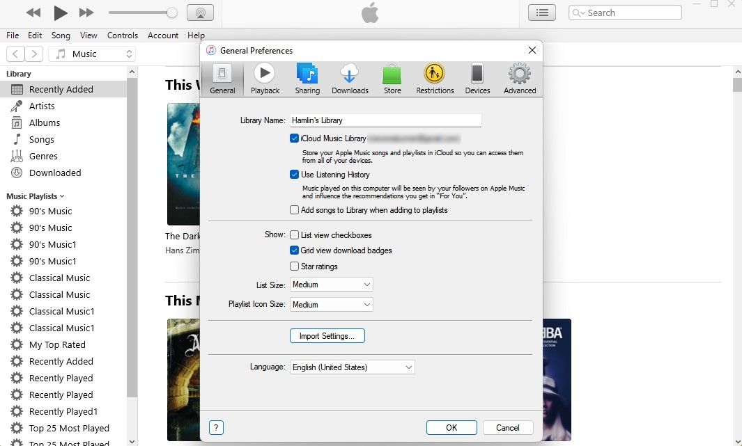 iCloud Music Library setting on iTunes Windows