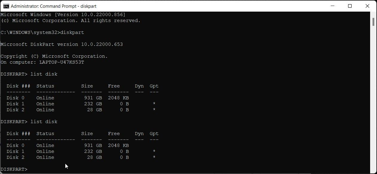 list disk diskpart command prompt