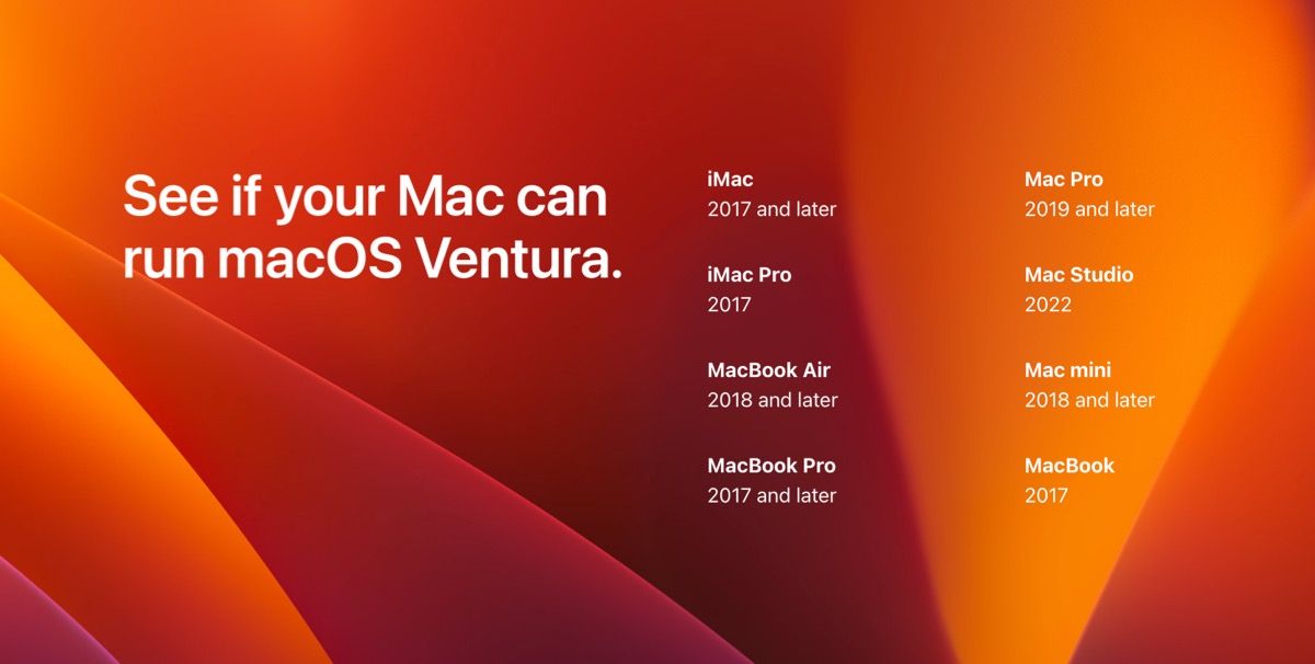 list of all macOS ventura compatable macs