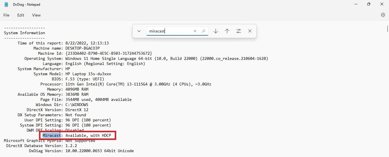 Notepad Showing Miracast Availability 