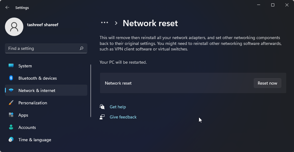 network reset confirm windows 11